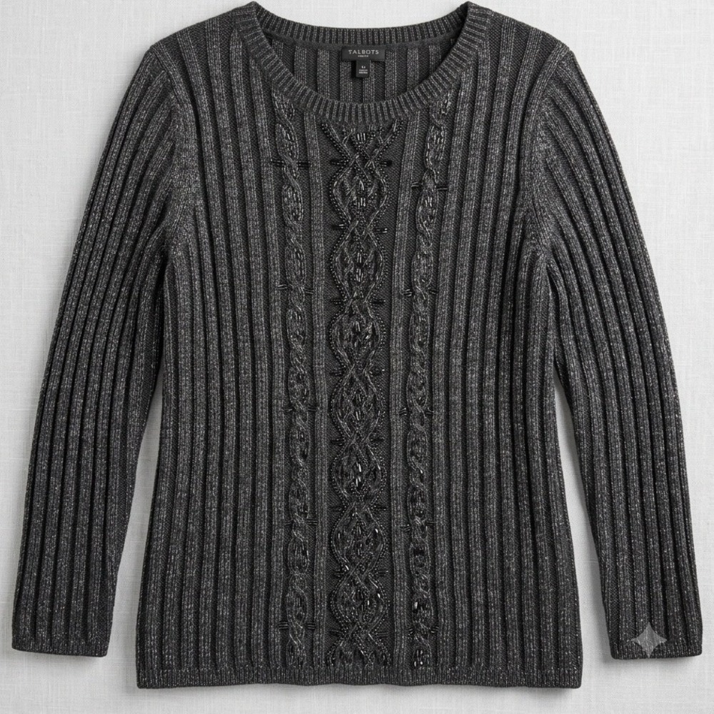Talbots Sweater Womens XLP Charcoal Grey Beaded Metallic Merino Wool Ribbed Knit